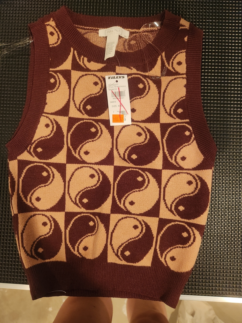 Full Tilt Brown and Tan Yin-Yang Knit Sweater Vest
